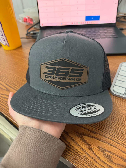 365 Powersports 5 panel classic trucker hat with leather patch logo and snapback closure