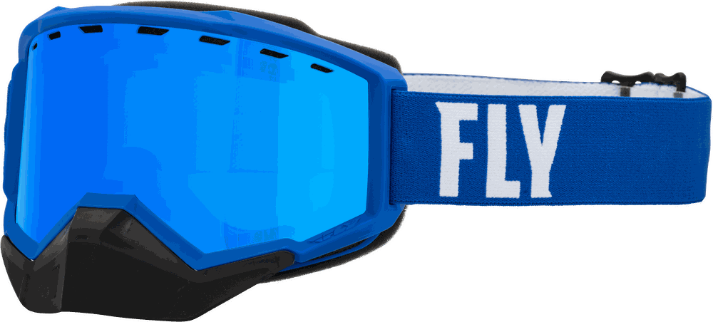 Fly Racing Focus Snow Goggle with blue lens, polyurethane frame, and adjustable strap.