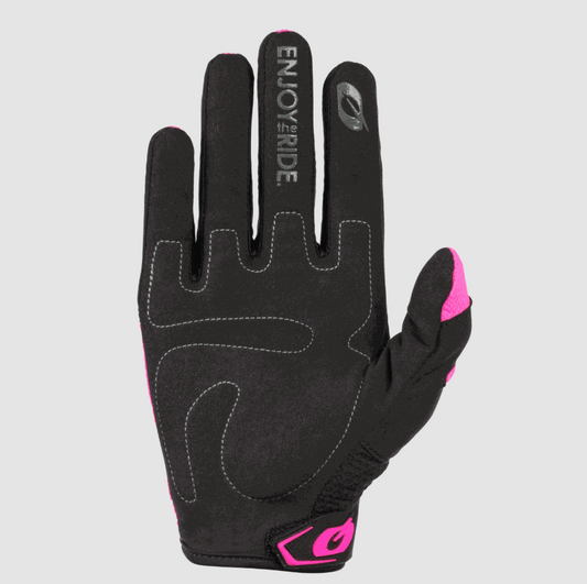 O'NEAL YOUTH ELEMENT racewear glove in black with pink accents, ergonomic padded palm and adjustable wrist strap