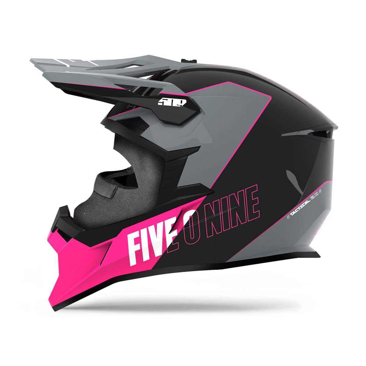 509 Tactical 2.0 Helmet, black and pink design, side view with visor and chin protection.