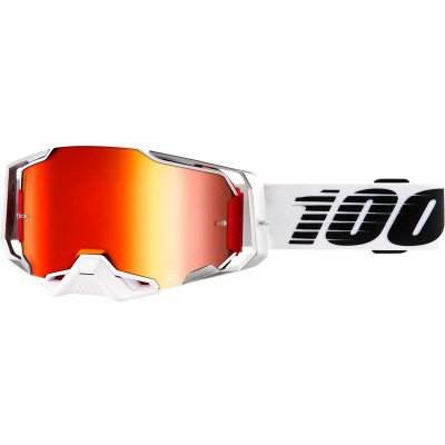 100% Armega Goggle with red ultra HD lens and white strap featuring bold black logo.