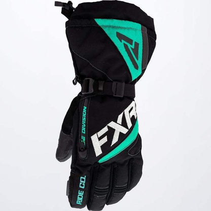 FXR RACING WOMEN'S FUSION GLOVE 22, black and teal, waterproof, insulated, durable nylon shell, reflective, zipper pocket, adjustable storm cuff.