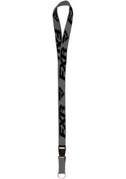 FXR Lanyard with bold logo design on gray fabric.
