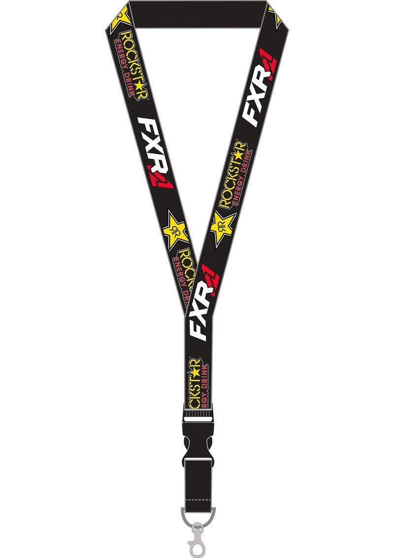 FXR Lanyard with Rockstar Energy branding in black and yellow design.