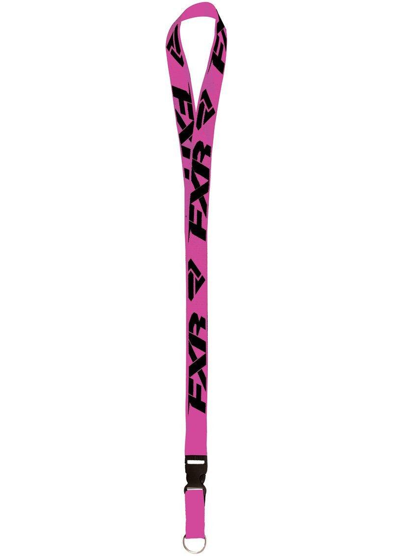 FXR Lanyard in vibrant pink with black branding.