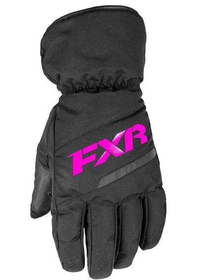 FXR Racing child Octane black glove with pink logo, insulated and waterproof with polar fleece lining and reflective details