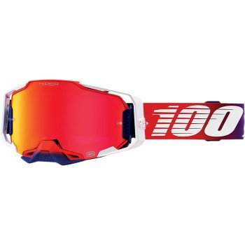 100% Armega Goggle with ULTRA HD lens and quick-release system, featuring red reflective lens and wide strap.