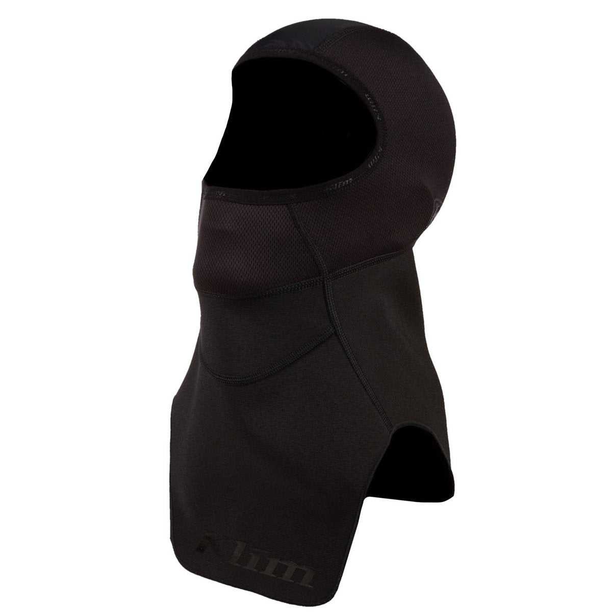 Black KLIM Balaclava with windproof neck, moisture-wicking fabric, and extended neck guard for cold weather protection.