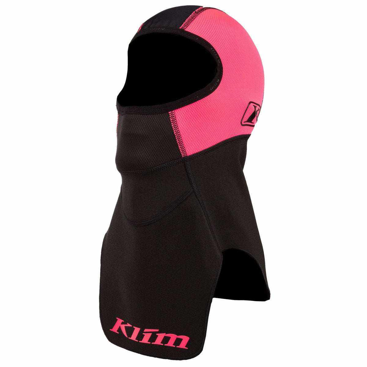 KLIM Balaclava in black and pink with windproof neck, moisture-wicking fabric, and extended neck guard for cold weather protection