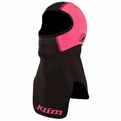 KLIM Balaclava in black and pink with windproof neck, moisture-wicking fabric, and extended neck guard for cold weather protection