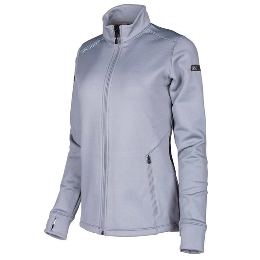 Klim Women's Sundance Jacket light gray fleece with full zip, thumb hole cuffs, and zippered pockets, designed for warmth and breathability.