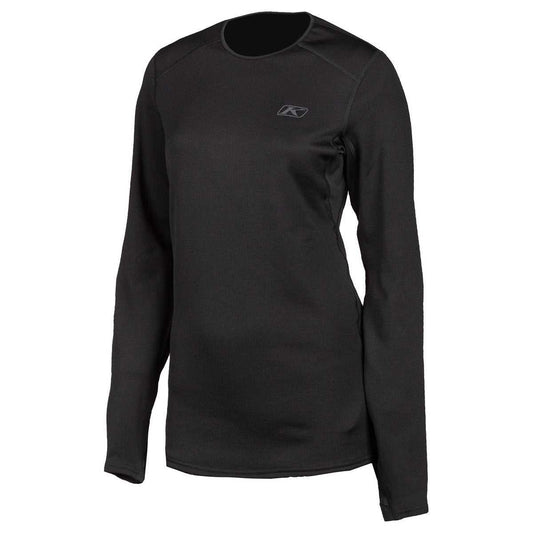 Black long-sleeve Klim Solstice Shirt 2.0 designed for women, moisture-wicking, breathable, and anti-microbial base layer shirt for outdoor powersports.