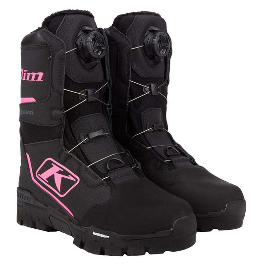 KLIM Aurora GTX BOA women's snowmobile boots with waterproof Gore-Tex, Michelin sole, and pink accents