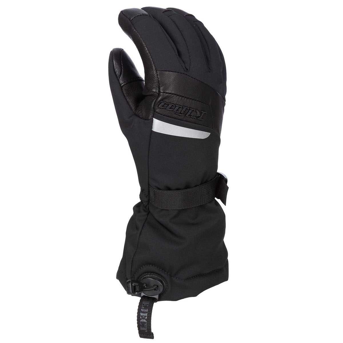 Black KLIM Radiate Gauntlet Glove with Gore-Tex, leather palm, insulation, and adjustable wrist strap for winter riding