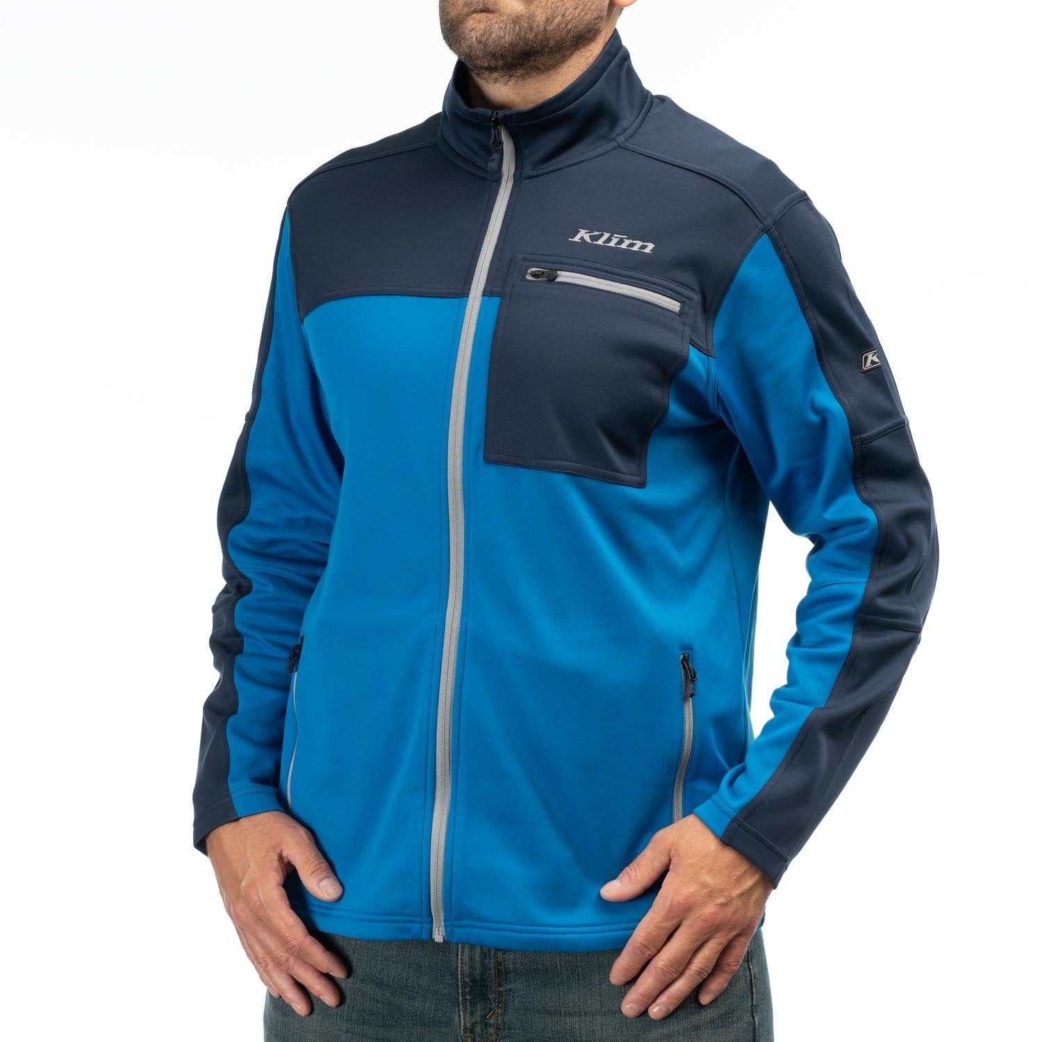 KLIM GLACIER JACKET, midweight stretch fleece with moisture-wicking, heat-trapping collar, and rollover chin guard for comfort, blue color.