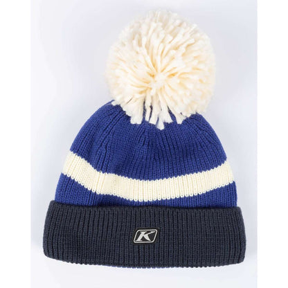 KLIM POWDER POM BEANIE with removable pom and rib-knit fold-up cuff in blue and white.