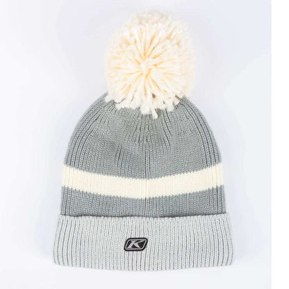 KLIM Powder Pom Beanie in gray with white stripe, removable white pom, rib knit cuff for ear warmth
