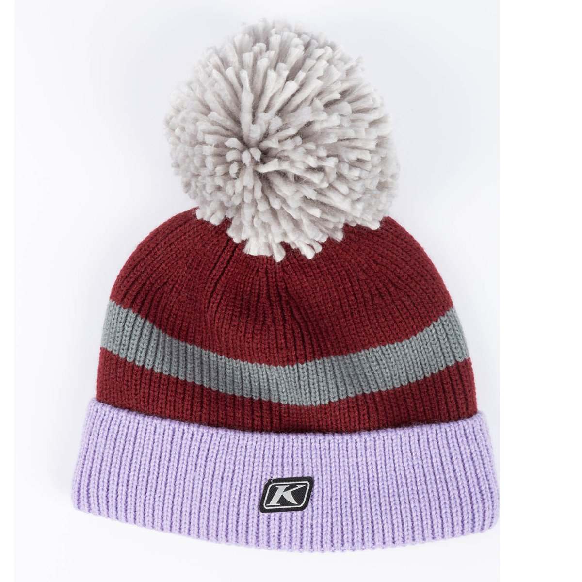 KLIM Powder Pom Beanie with rib-knit fold-up cuff, removable pom, and classic warm fit covering ears in maroon, gray, and lavender colors