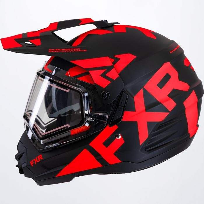 FXR Torque X Team Helmet with E-Shield and Sun Shade in black and red design.