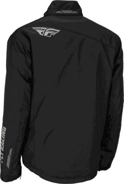 Black FLY RACING AURORA JACKET with abrasion-resistant shell, waterproof and windproof design, thermal insulation, and reflective details.