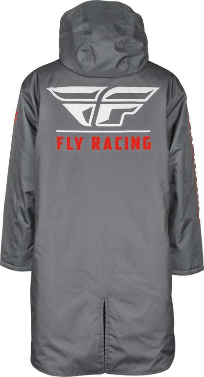 Back view of gray Fly Racing Pit Coat with detachable hood, oversized design, and large Fly Racing logo in white and red.
