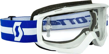 SCOTT Split OTG Goggle with clear lens, blue and white silicone lined strap, and triple-layer face foam for ventilation and comfort.