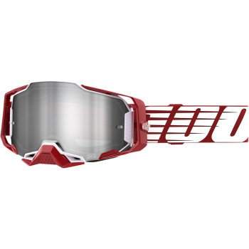 100% Armega Goggle with ultra HD lens and red frame, featuring quick-release system and wide strap.