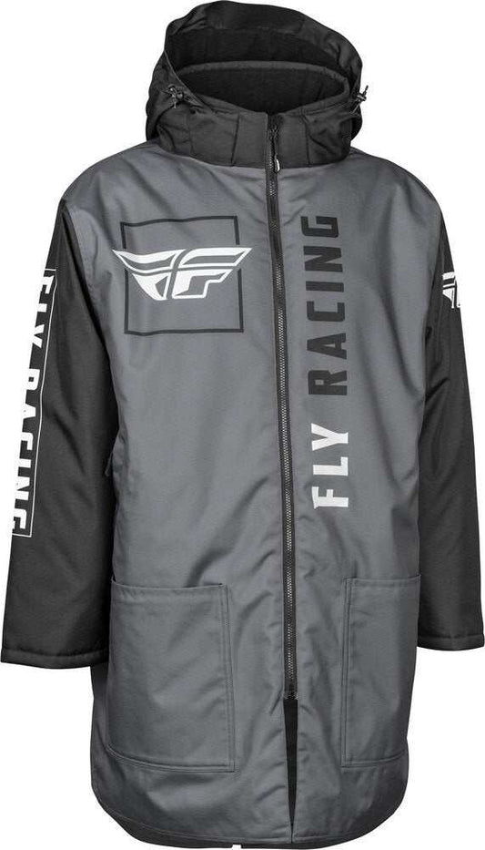 Fly Racing Pit Coat, oversized and weatherproof with detachable hood and full-length zipper.