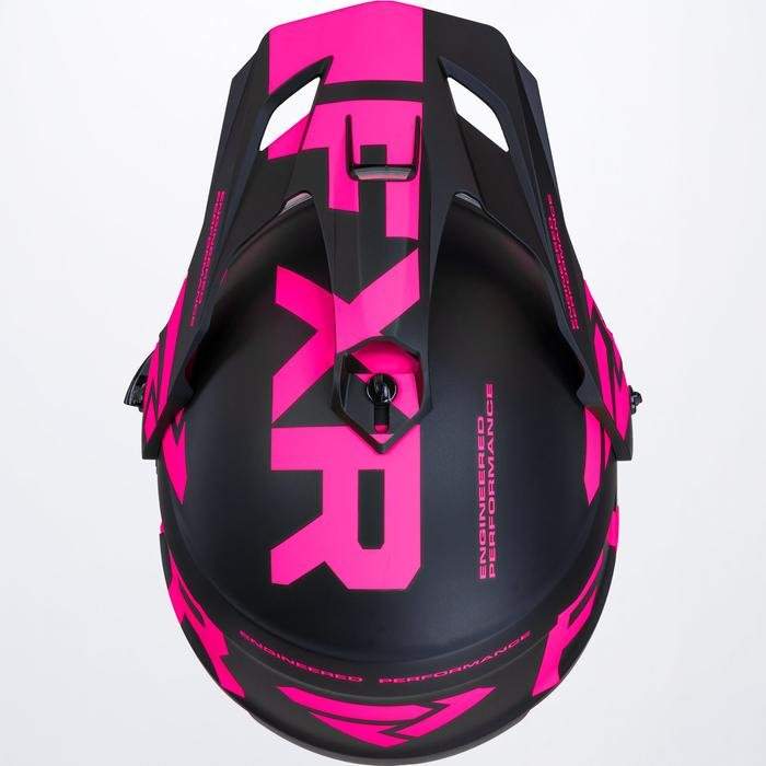 Top view of FXR TORQUE X TEAM HELMET in black with bright pink accents and aerodynamic design