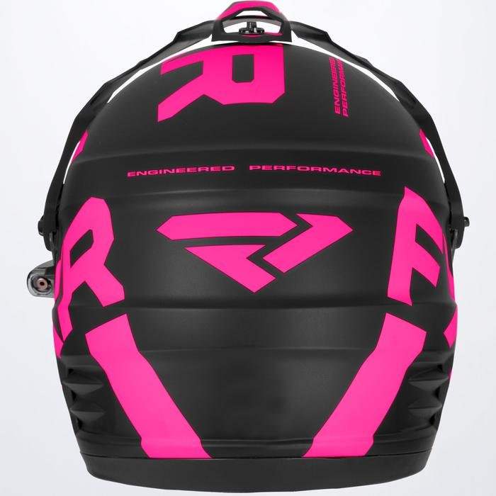 Black and pink FXR TORQUE X TEAM HELMET with integrated E-Shield and sun shade, designed for lightweight protection and high performance.