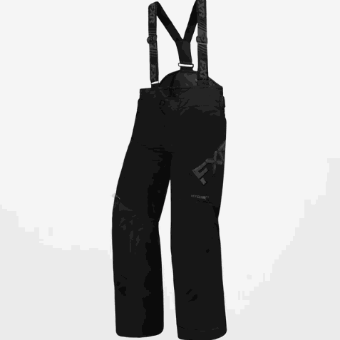 FXR RACING child's black clutch pants with HydrX waterproof fabric, adjustable suspenders, and thermal insulation