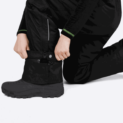 Child adjusting FXR Racing durable black clutch pants with ankle zipper and snap closure