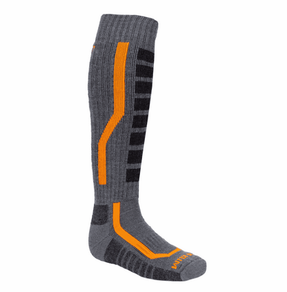 KLIM AGGRESSOR SOCK gray over-the-calf wool blend sock with orange and black accents and reinforced features