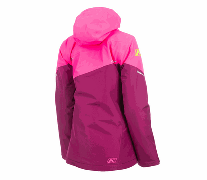 Back view of women's KLIM Allure Jacket in pink and purple waterproof hiking jacket with removable hood