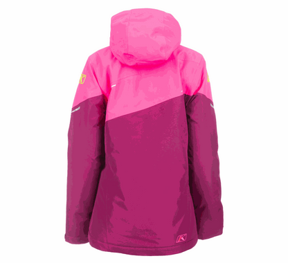 Back view of women's KLIM Allure Jacket in pink and magenta, waterproof with adjustable hood and breathable GORE-TEX shell