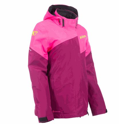 Women's KLIM Allure Jacket in pink and purple, waterproof GORE-TEX® shell with adjustable hood and multiple pockets