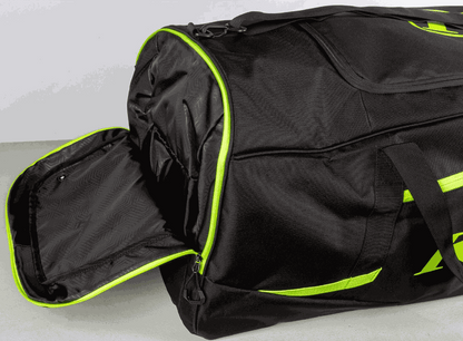 Black KLIM Drift Gear Bag with neon green accents, large duffle style, open zippered boot compartment, and durable carry straps