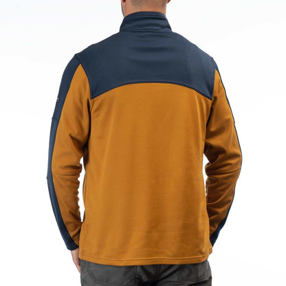 KLIM GLACIER JACKET in midweight stretch fleece, brown and navy design, rear view.