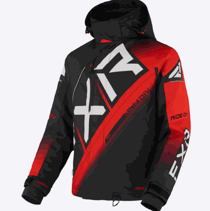 FXR RACING MEN'S CX JACKET 23 in black and red with FXR logos, featuring HydrX Pro™ laminate, adjustable hood, and reflective elements.