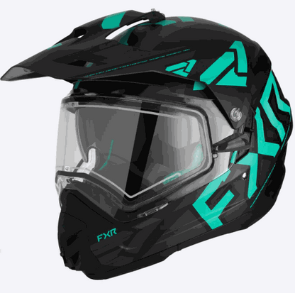 FXR RACING Torque X Team Helmet with Electric Shield and Sun Shade 23 in black and teal design.