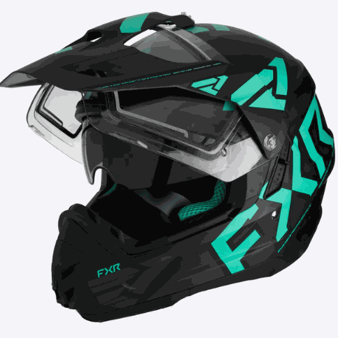 Black and teal FXR RACING Torque X Team Helmet with electric heated shield, anti-fog and anti-scratch features, lightweight polymer alloy shell, and adjustable comfort liner.