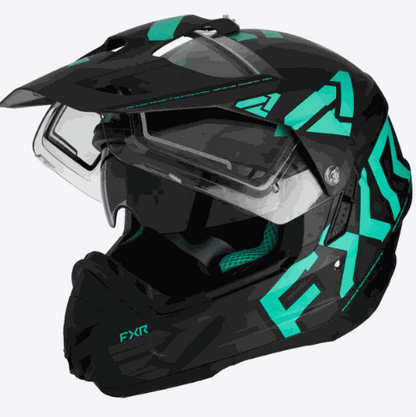 Black and teal FXR RACING Torque X Team Helmet with electric heated shield, anti-fog and anti-scratch features, lightweight polymer alloy shell, and adjustable comfort liner.