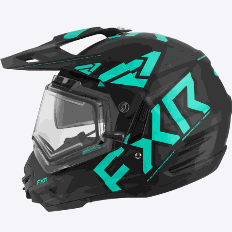 FXR RACING Torque lightweight black and teal off-road helmet with electric heated shield and sunshade