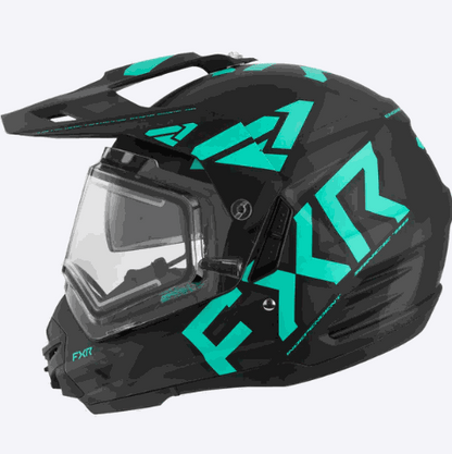 FXR RACING Torque lightweight black and teal off-road helmet with electric heated shield and sunshade