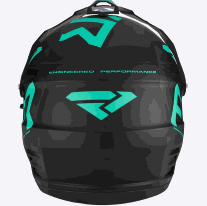 Black FXR RACING Torque motorcycle helmet with teal accents and performance graphics, featuring advanced polymer shell and electric heated shield.