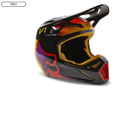 FOX RACING V1 TOXSYK Helmet, black and orange design, lightweight, with adjustable visor and ventilation.