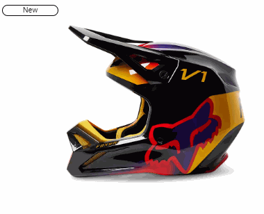 FOX Racing V1 Toxsyk helmet side view with black, yellow, and red design and adjustable visor