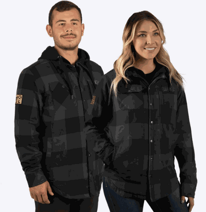 Unisex Timber Insulated Flannel Jacket with quilted lining and adjustable hood worn by male and female models