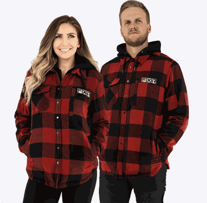 Men's and women's FXR Racing Timber Insulated Flannel jackets in red and black checkered pattern with fleece hood and front pockets