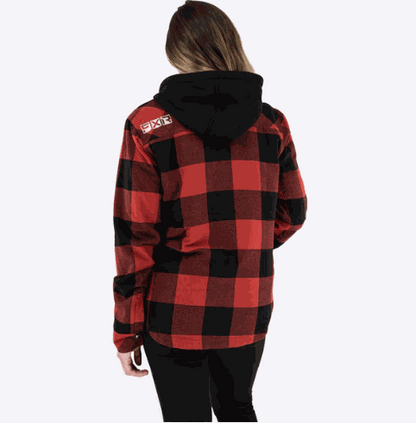 Unisex FXR Racing Timber Insulated Flannel Jacket in red and black plaid with adjustable fleece hood and embroidered logos from back view